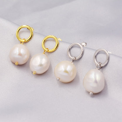 Circle with Dangling Baroque Pearl Drop Stud Earrings in Sterling Silver, Keshi Pearl Earrings, Gold or Silver, Genuine Pearls