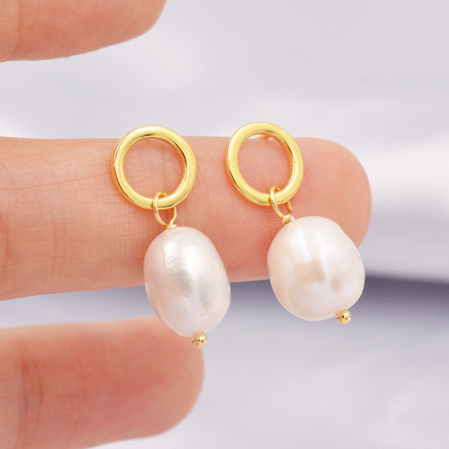 Circle with Dangling Baroque Pearl Drop Stud Earrings in Sterling Silver, Keshi Pearl Earrings, Gold or Silver, Genuine Pearls