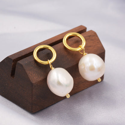 Circle with Dangling Baroque Pearl Drop Stud Earrings in Sterling Silver, Keshi Pearl Earrings, Gold or Silver, Genuine Pearls