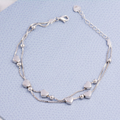 Heart Charm Bracelet in Sterling Silver, Solid Sterling Silver Heart Bracelet, Double Layer Heart Bracelet