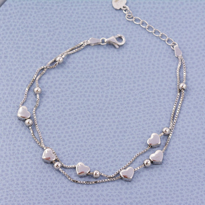 Heart Charm Bracelet in Sterling Silver, Solid Sterling Silver Heart Bracelet, Double Layer Heart Bracelet