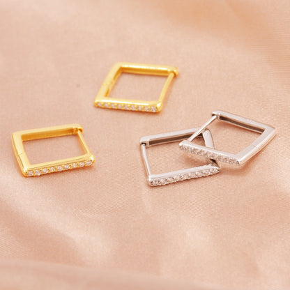 CZ Pave Square Huggie Hoop in Sterling Silver, Skinny Geometric Hoop Earrings, Gold or Silver, 11mm Minimalist Hoops