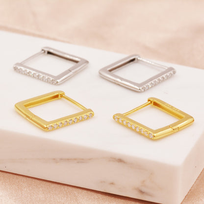 CZ Pave Square Huggie Hoop in Sterling Silver, Skinny Geometric Hoop Earrings, Gold or Silver, 11mm Minimalist Hoops