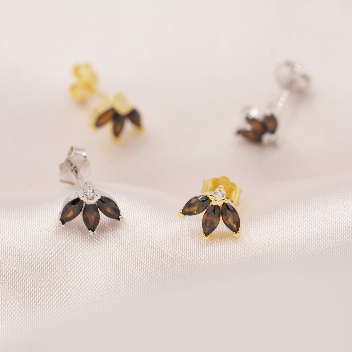 Sterling Silver Tiny Coffee CZ Marquise Cluster Stud Earrings, Gold or Silver, Marquise Fan Stud, CZ Crown Stud, Three Marquise Stud