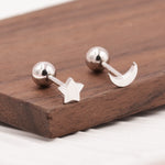 Asymmetric Moon and Star Tiny 18G Screw Back Earrings in Sterling Silver