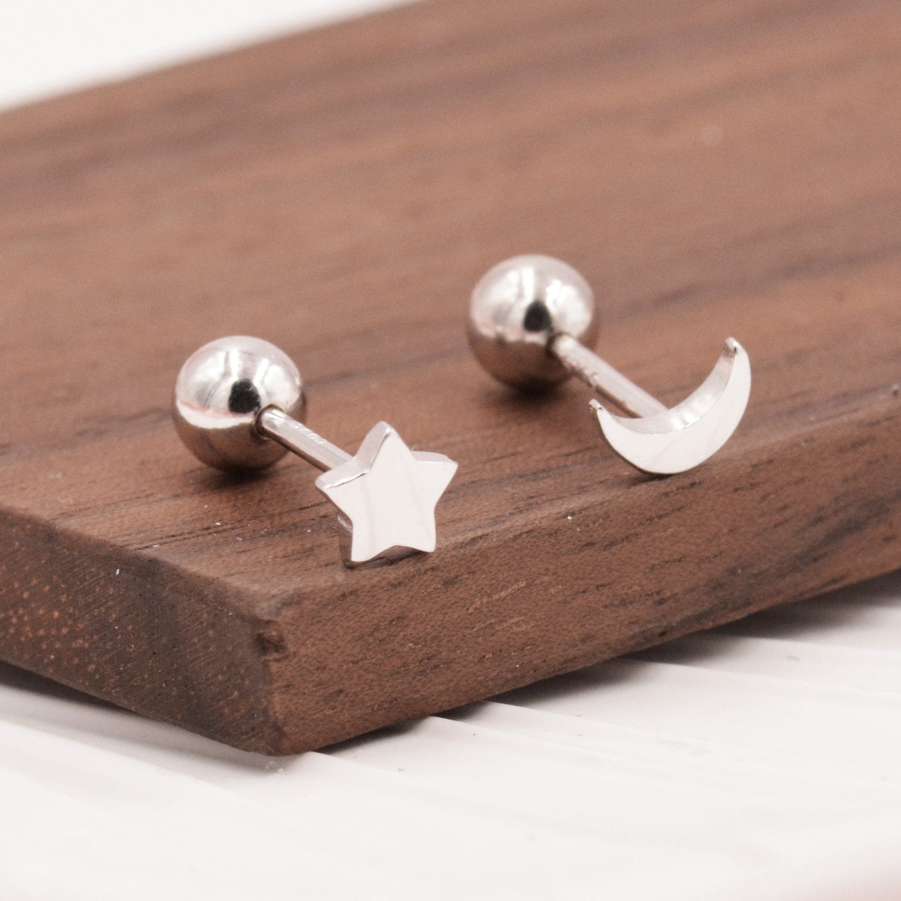 Asymmetric Moon and Star Tiny 18G Screw Back Earrings in Sterling Silver