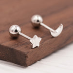Asymmetric Moon and Star Tiny 18G Screw Back Earrings in Sterling Silver