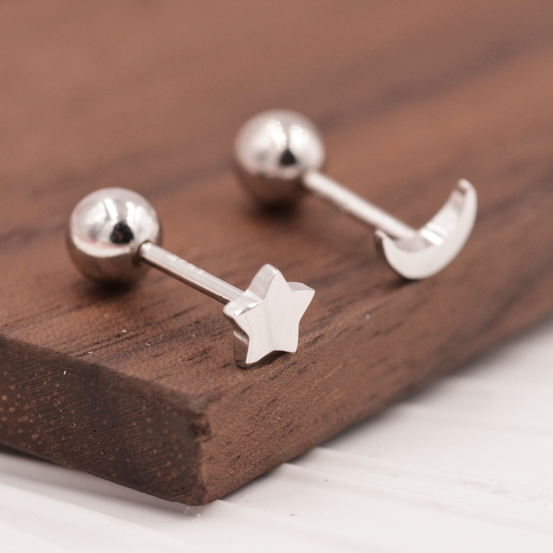 Asymmetric Moon and Star Tiny 18G Screw Back Earrings in Sterling Silver