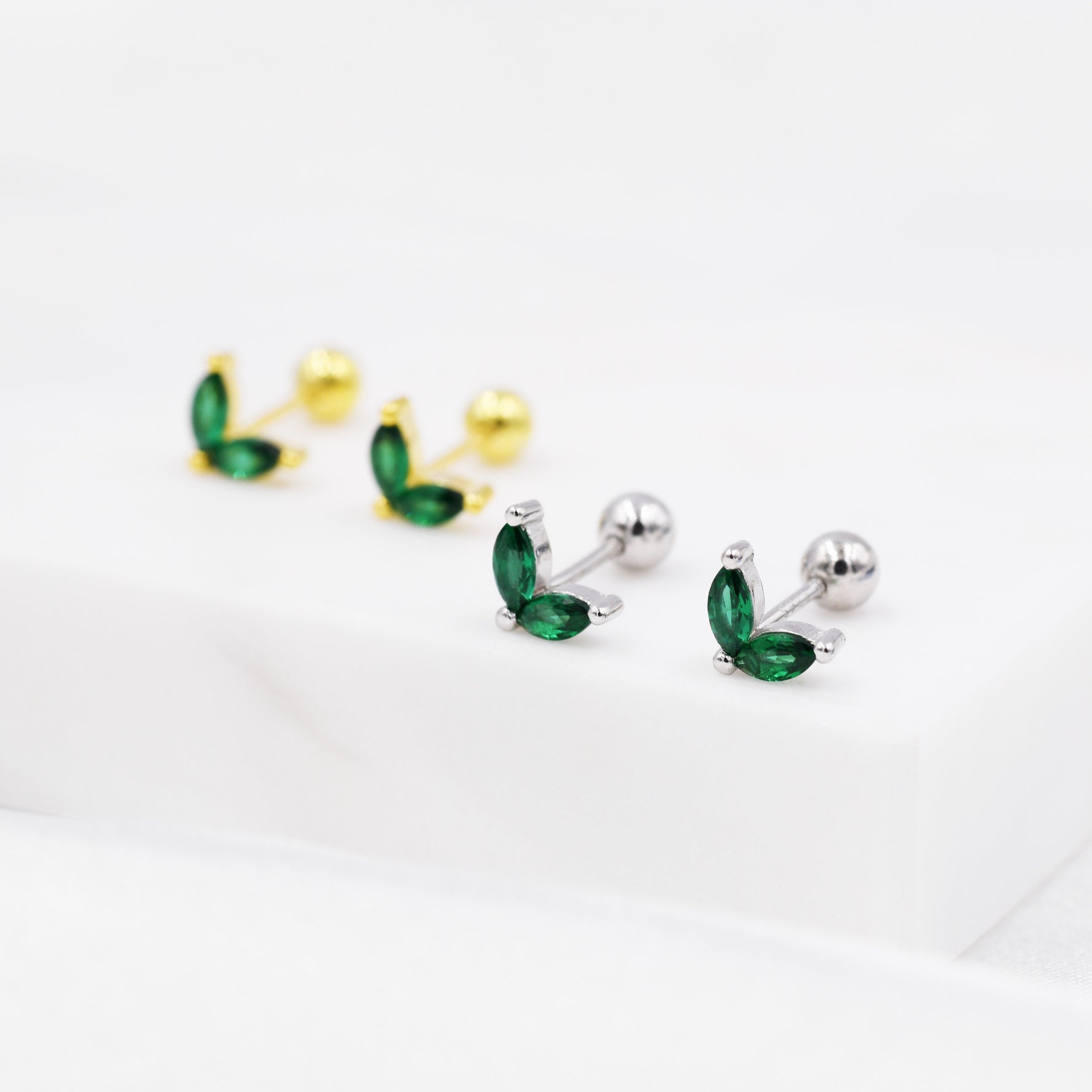 Sterling Silver Emerald Green CZ Marquise Leaf Duo Barbell Earrings, Gold or Silver, Marquise Fan Screwback Earrings, Screw Back Earrings