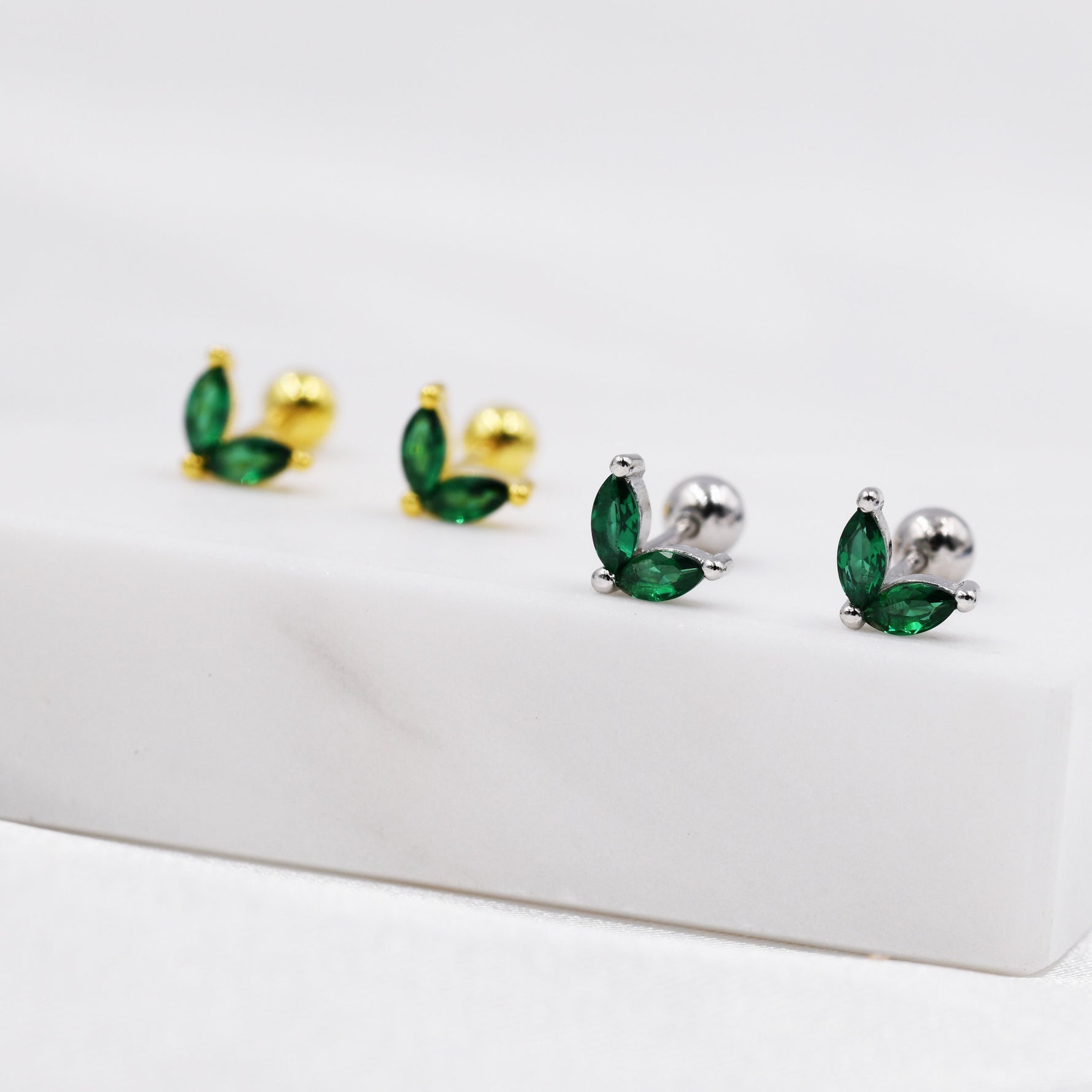 Sterling Silver Emerald Green CZ Marquise Leaf Duo Barbell Earrings, Gold or Silver, Marquise Fan Screwback Earrings, Screw Back Earrings