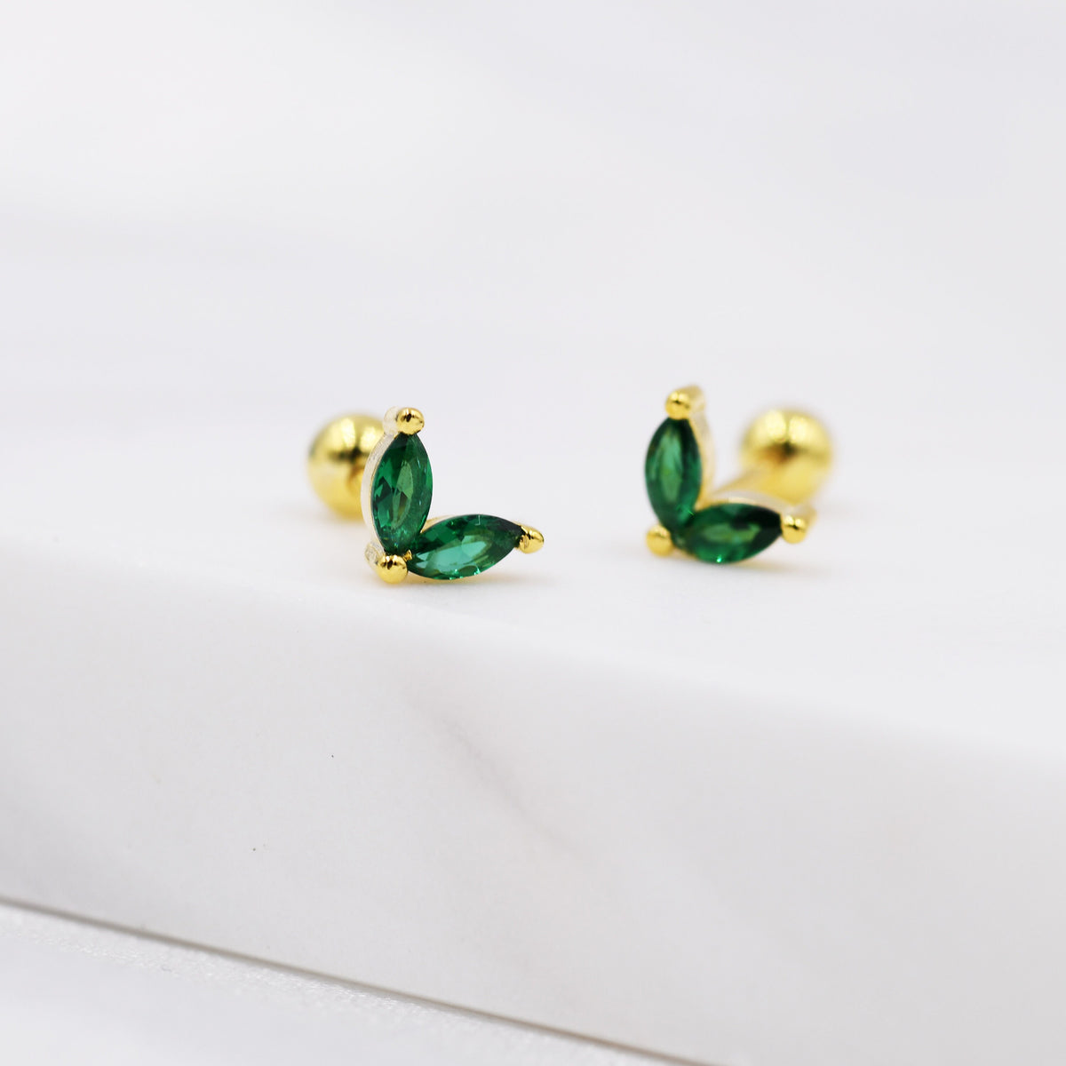 Sterling Silver Emerald Green CZ Marquise Leaf Duo Barbell Earrings, Gold or Silver, Marquise Fan Screwback Earrings, Screw Back Earrings