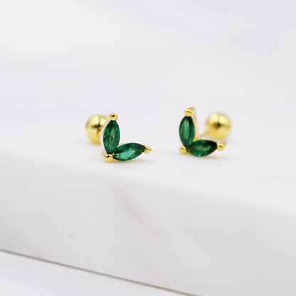 Sterling Silver Emerald Green CZ Marquise Leaf Duo Barbell Earrings,  Gold or Silver, Marquise Fan Screwback Earrings, Screw Back Earrings