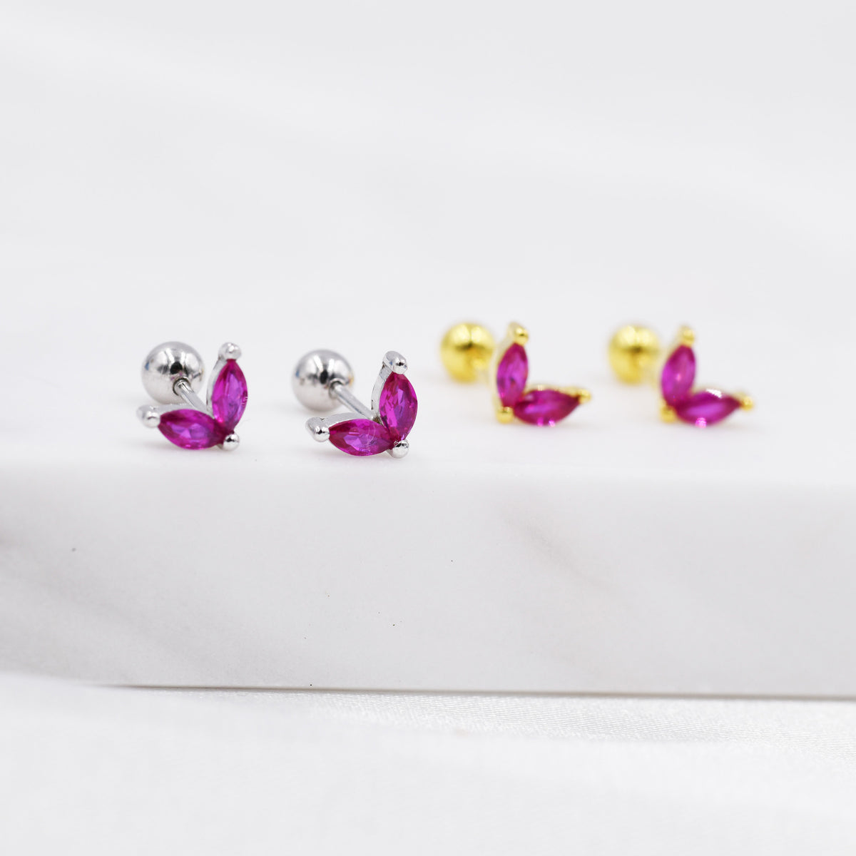 Sterling Silver Ruby Red CZ Marquise Leaf Duo Barbell Earrings, Gold or Silver, Marquise Fan Screwback Earrings, Two Marquise