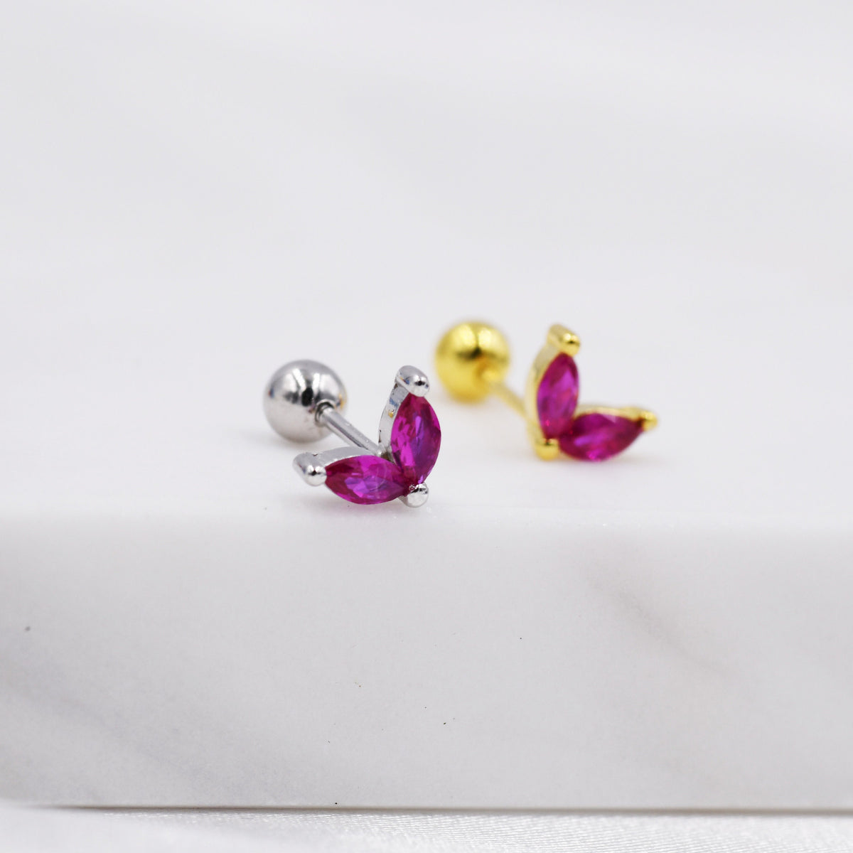 Sterling Silver Ruby Red CZ Marquise Leaf Duo Barbell Earrings, Gold or Silver, Marquise Fan Screwback Earrings, Two Marquise