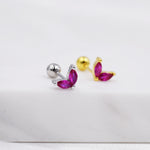 Sterling Silver Ruby Red CZ Marquise Leaf Duo Barbell Earrings, Gold or Silver, Marquise Fan Screwback Earrings, Two Marquise