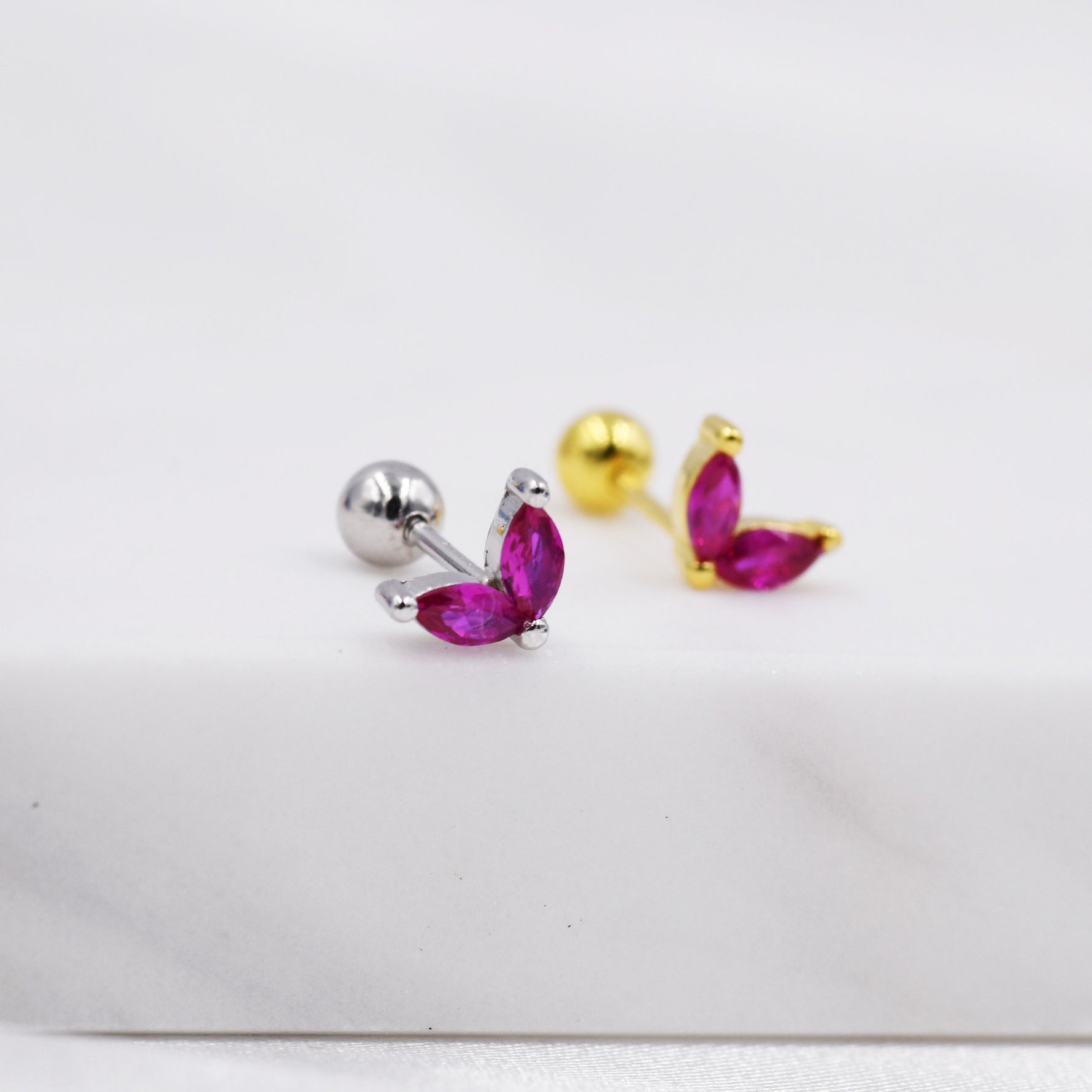 Sterling Silver Ruby Red CZ Marquise Leaf Duo Barbell Earrings, Gold or Silver, Marquise Fan Screwback Earrings, Two Marquise