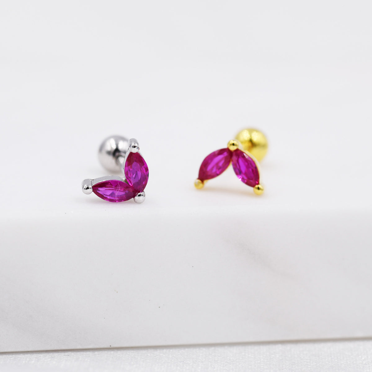 Sterling Silver Ruby Red CZ Marquise Leaf Duo Barbell Earrings, Gold or Silver, Marquise Fan Screwback Earrings, Two Marquise