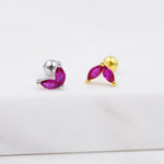 Sterling Silver Ruby Red CZ Marquise Leaf Duo Barbell Earrings, Gold or Silver, Marquise Fan Screwback Earrings, Two Marquise