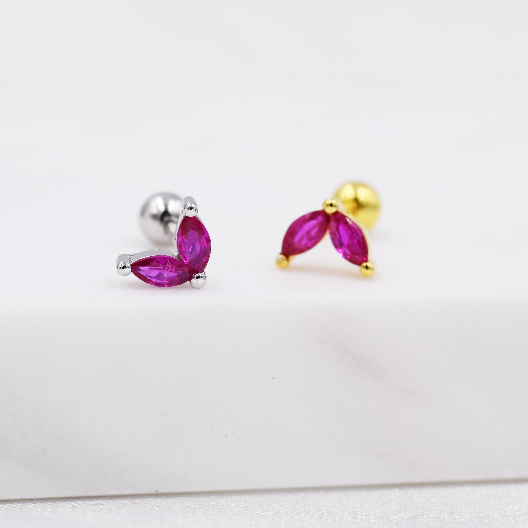 Sterling Silver Ruby Red CZ Marquise Leaf Duo Barbell Earrings, Gold or Silver, Marquise Fan Screwback Earrings, Two Marquise