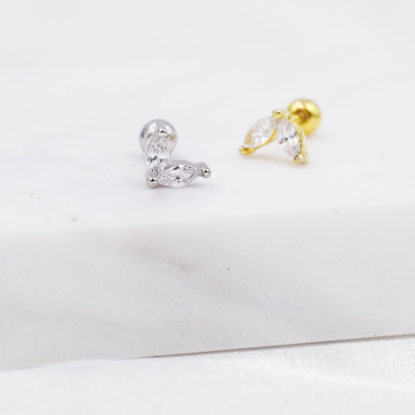 Sterling Silver CZ Marquise Leaf Screwback Earrings,  Gold or Silver, Marquise Fan Screw back Earrings, Two Marquise Barbell Earrings