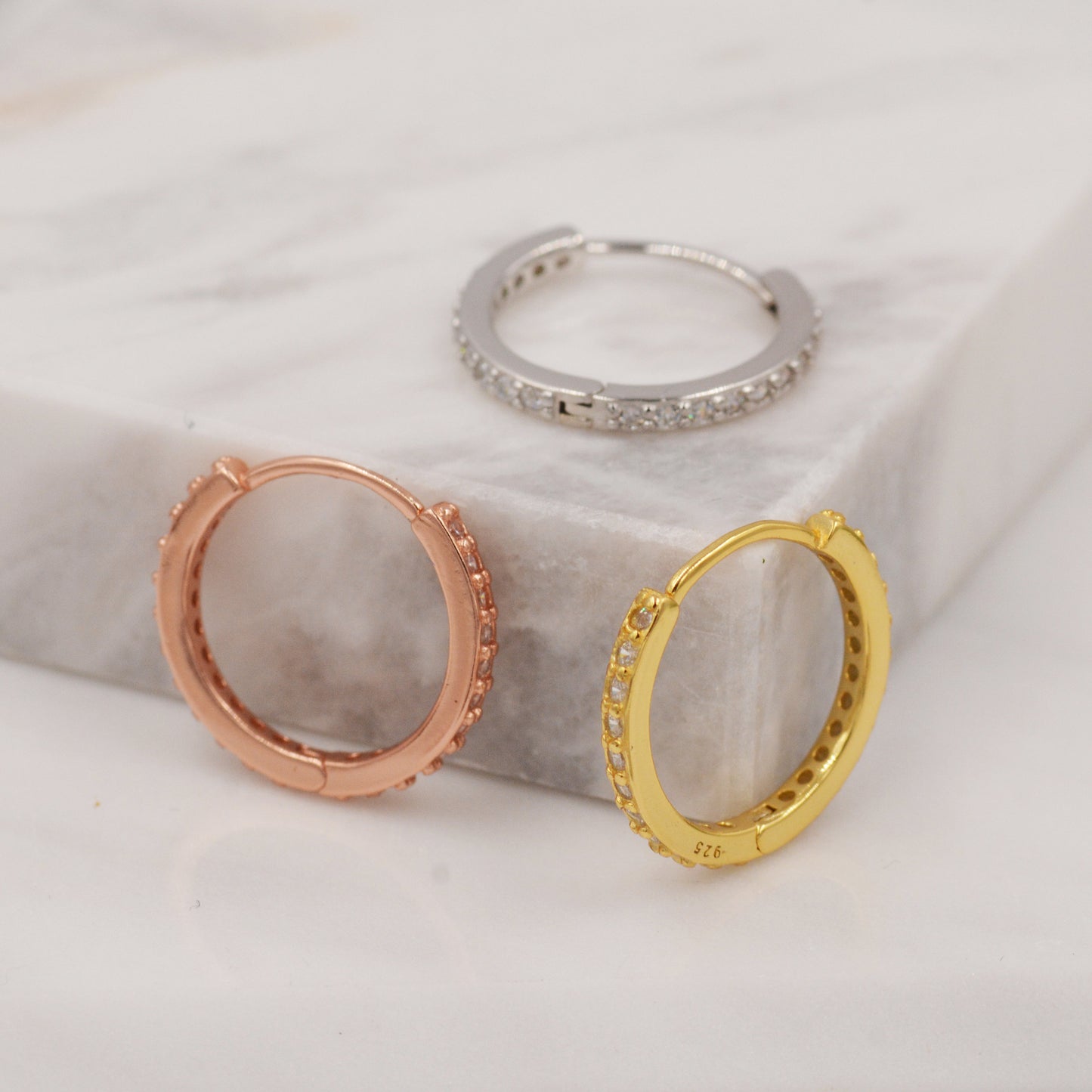 Minimalist CZ Huggie Hoops in Sterling Silver, 6mm, 8mm, 10mm and 12mm Clicker Hoops, Rose Gold or Gold, Simple Sleeper Hoop Earrings
