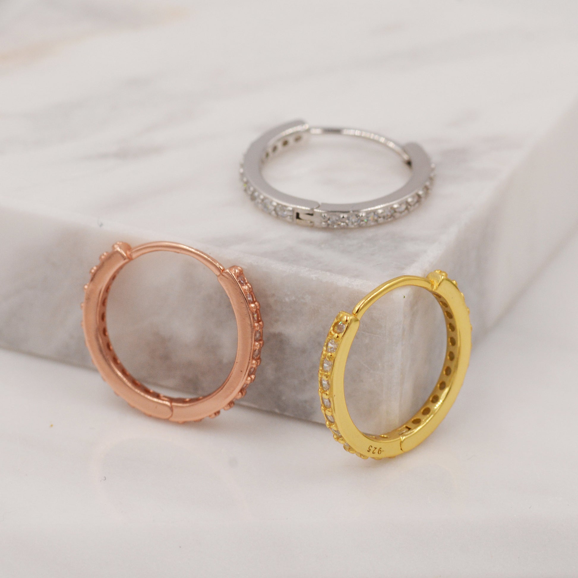 Minimalist CZ Huggie Hoops in Sterling Silver, 6mm, 8mm, 10mm and 12mm Clicker Hoops, Rose Gold or Gold, Simple Sleeper Hoop Earrings