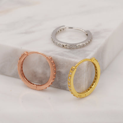 Minimalist CZ Huggie Hoops in Sterling Silver, 6mm, 8mm, 10mm and 12mm Clicker Hoops, Rose Gold or Gold, Simple Sleeper Hoop Earrings