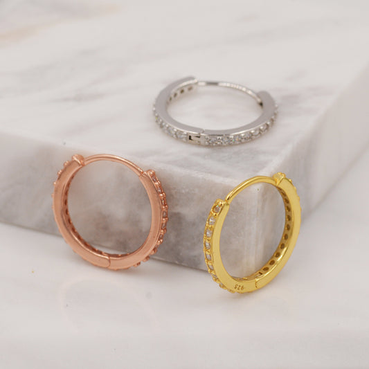 Minimalist CZ Huggie Hoops in Sterling Silver, 6mm, 8mm, 10mm and 12mm Clicker Hoops, Rose Gold or Gold, Simple Sleeper Hoop Earrings