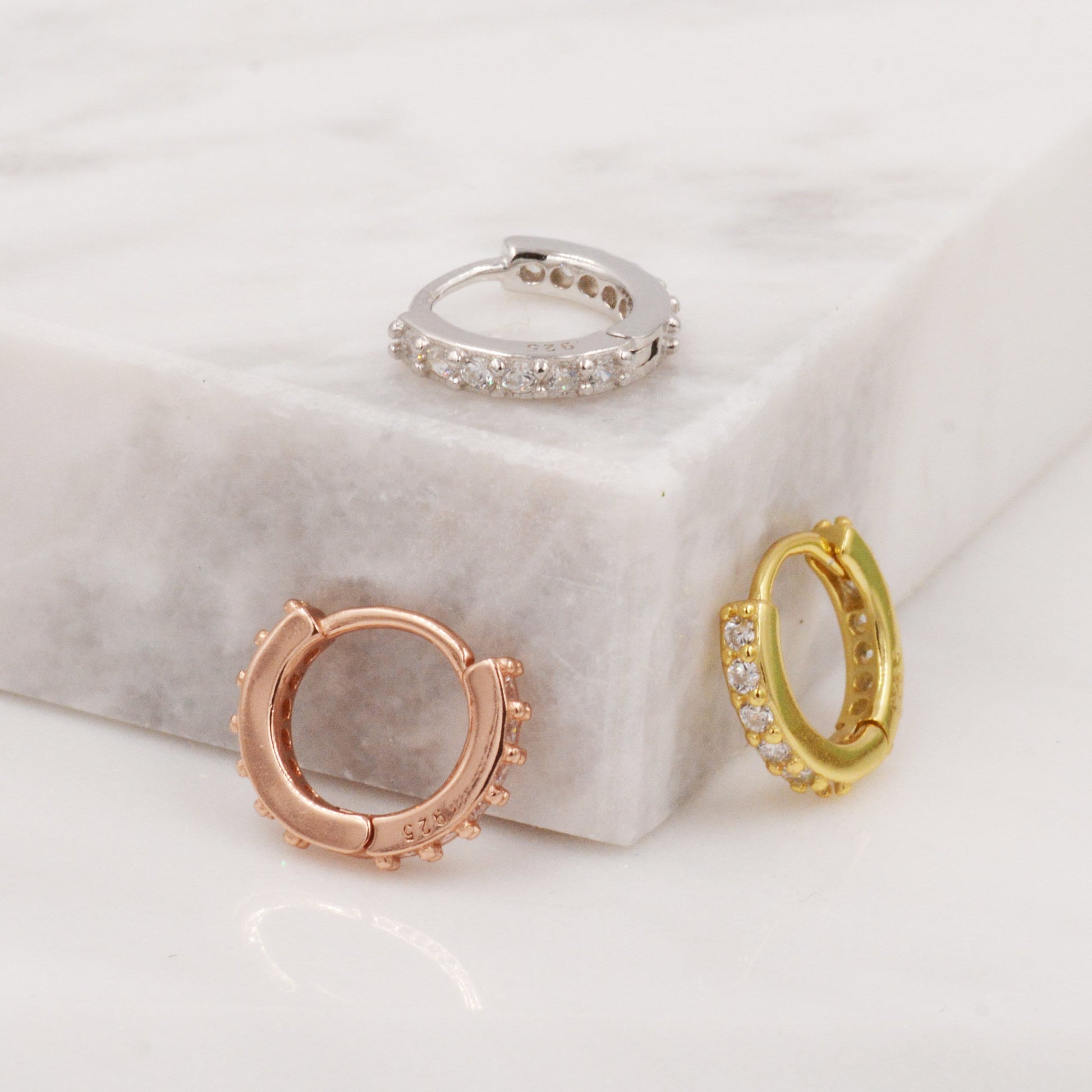 Double Sided CZ Huggie Hoops in Sterling Silver, 6mm, 8mm, 10mm and 12mm Clicker Hoops, Rose Gold or Gold, Simple Sleeper Hoop Earrings