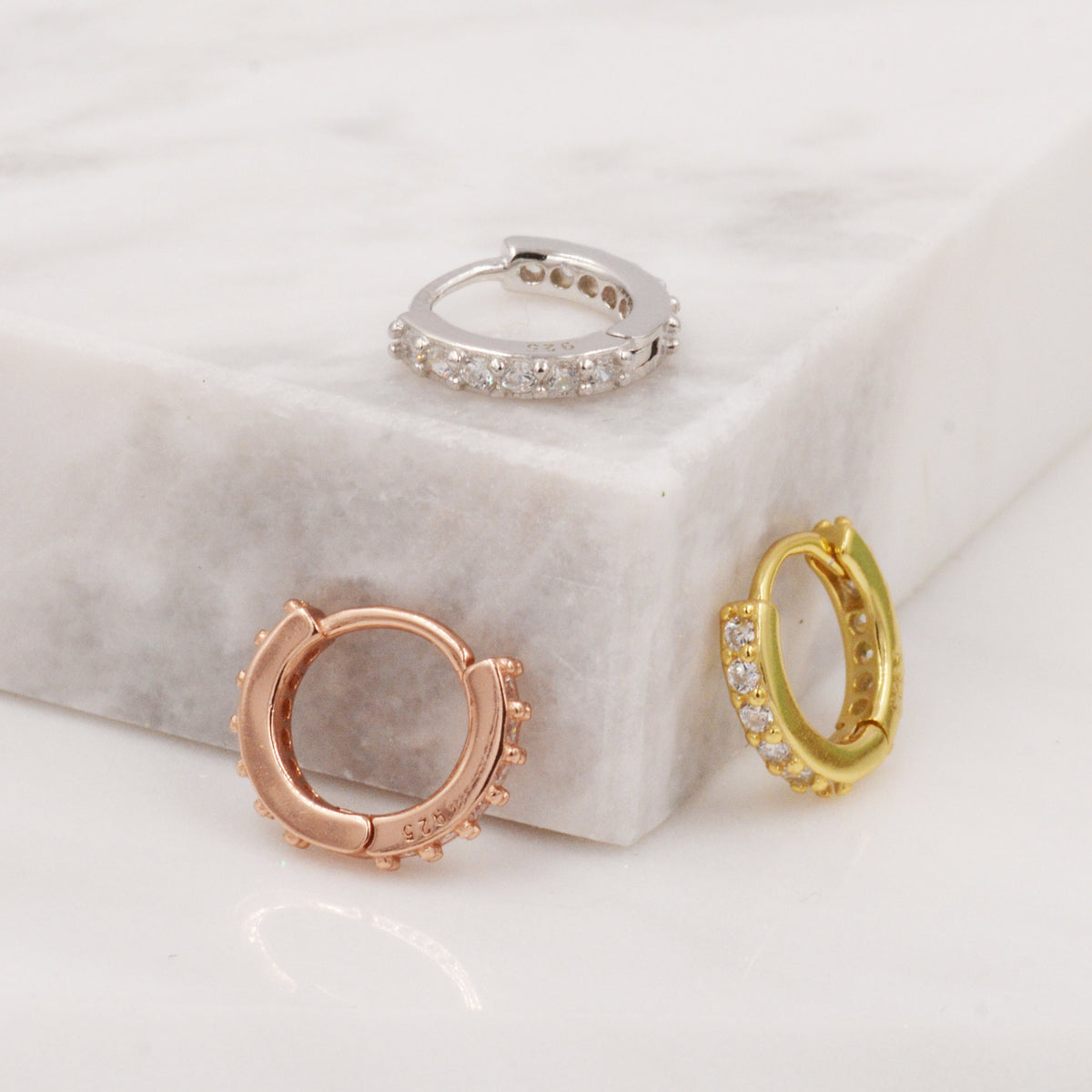 Double Sided CZ Huggie Hoops in Sterling Silver, 6mm, 8mm, 10mm and 12mm Clicker Hoops, Rose Gold or Gold, Simple Sleeper Hoop Earrings