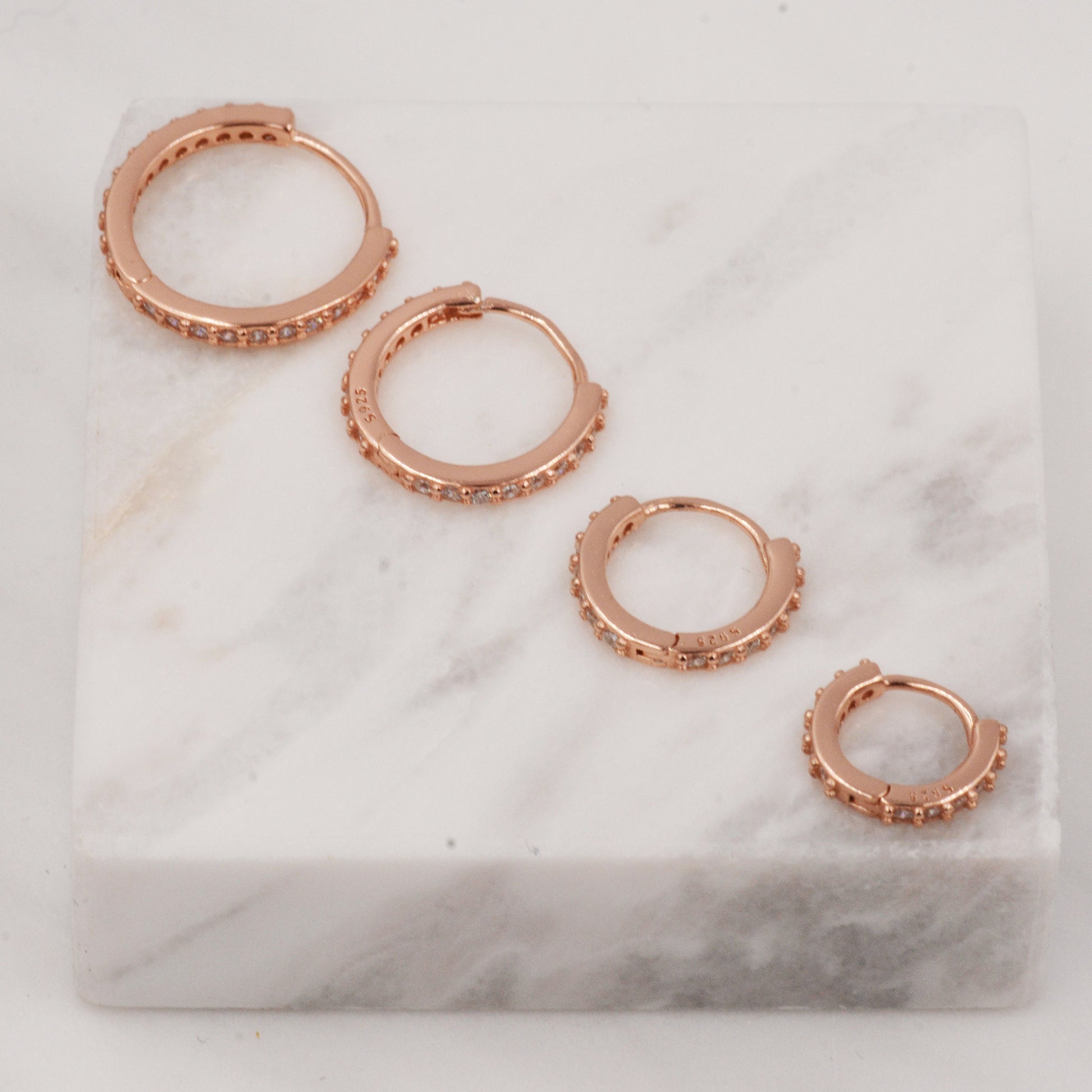 Double Sided CZ Huggie Hoops in Sterling Silver, 6mm, 8mm, 10mm and 12mm Clicker Hoops, Rose Gold or Gold, Simple Sleeper Hoop Earrings