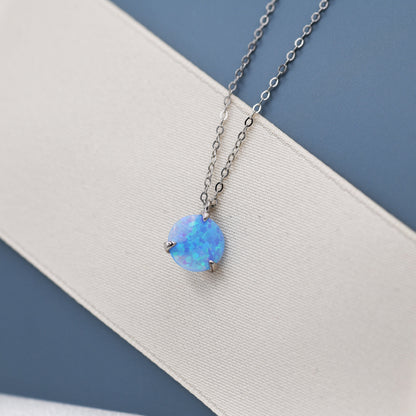 Blue Opal Necklace in Sterling Silver, Three Prong Opal Necklace, Minimalist October Birthstone Necklace, Tiny Opal Necklace