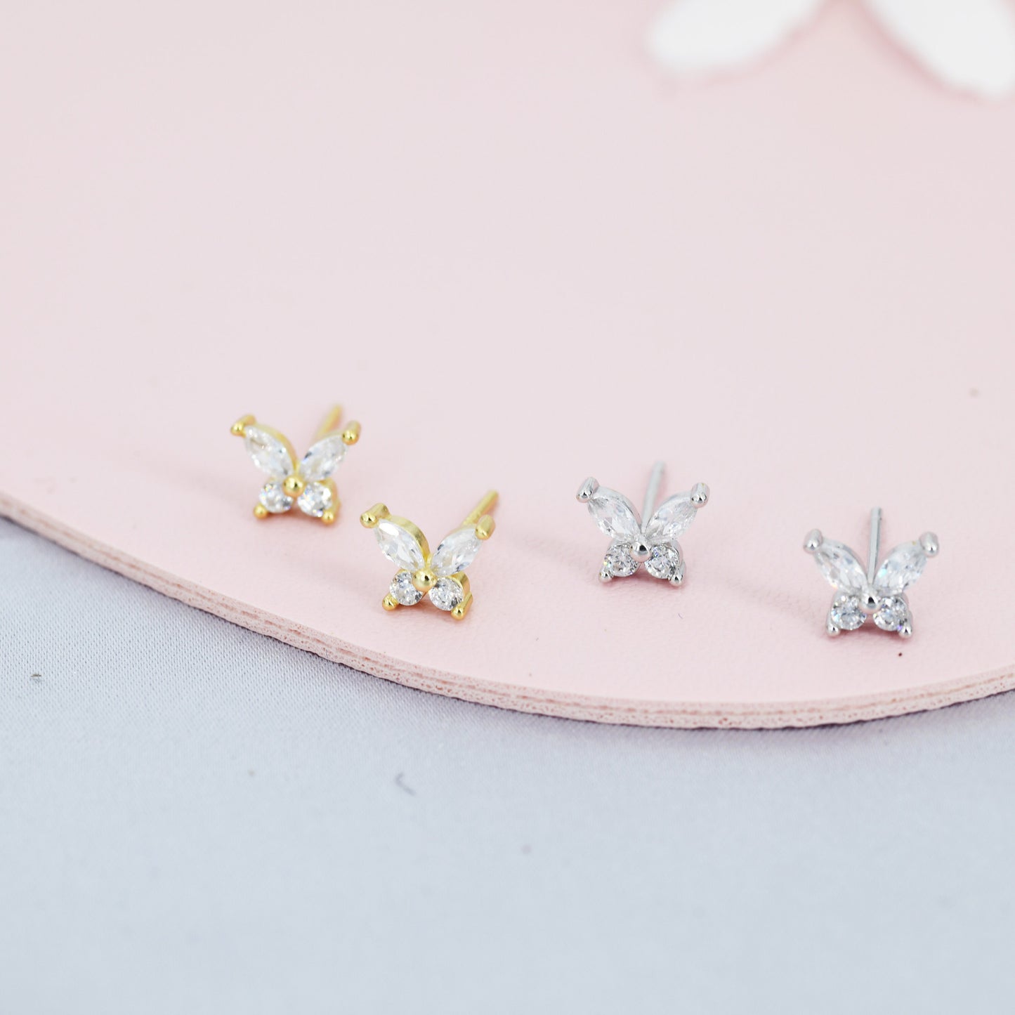 Sterling Silver CZ Butterfly Stud Earrings,  Gold or Silver or Rose Gold, Marquise CZ Earrings, Stacking Earrings