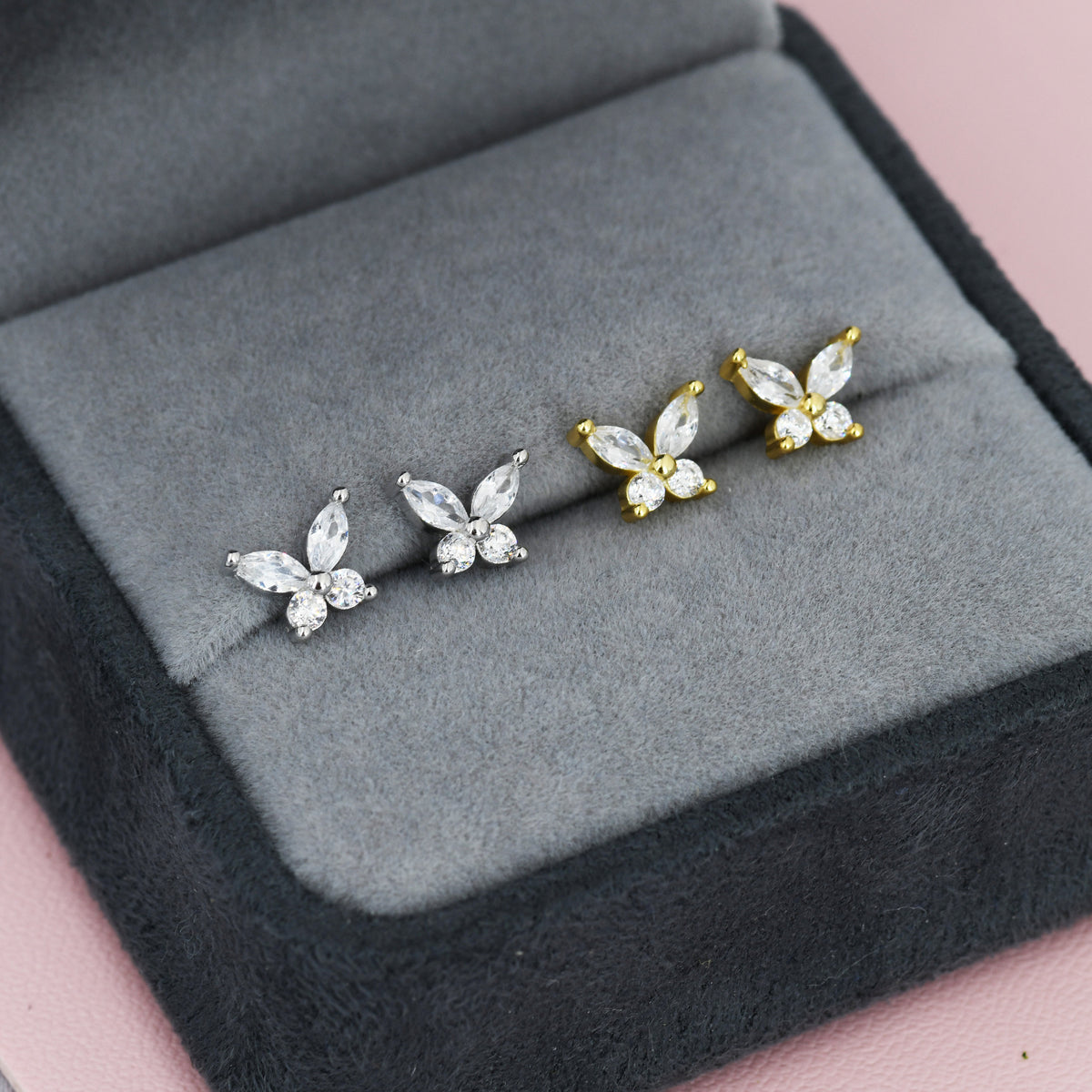 Sterling Silver CZ Butterfly Stud Earrings, Gold or Silver or Rose Gold, Marquise CZ Earrings, Stacking Earrings