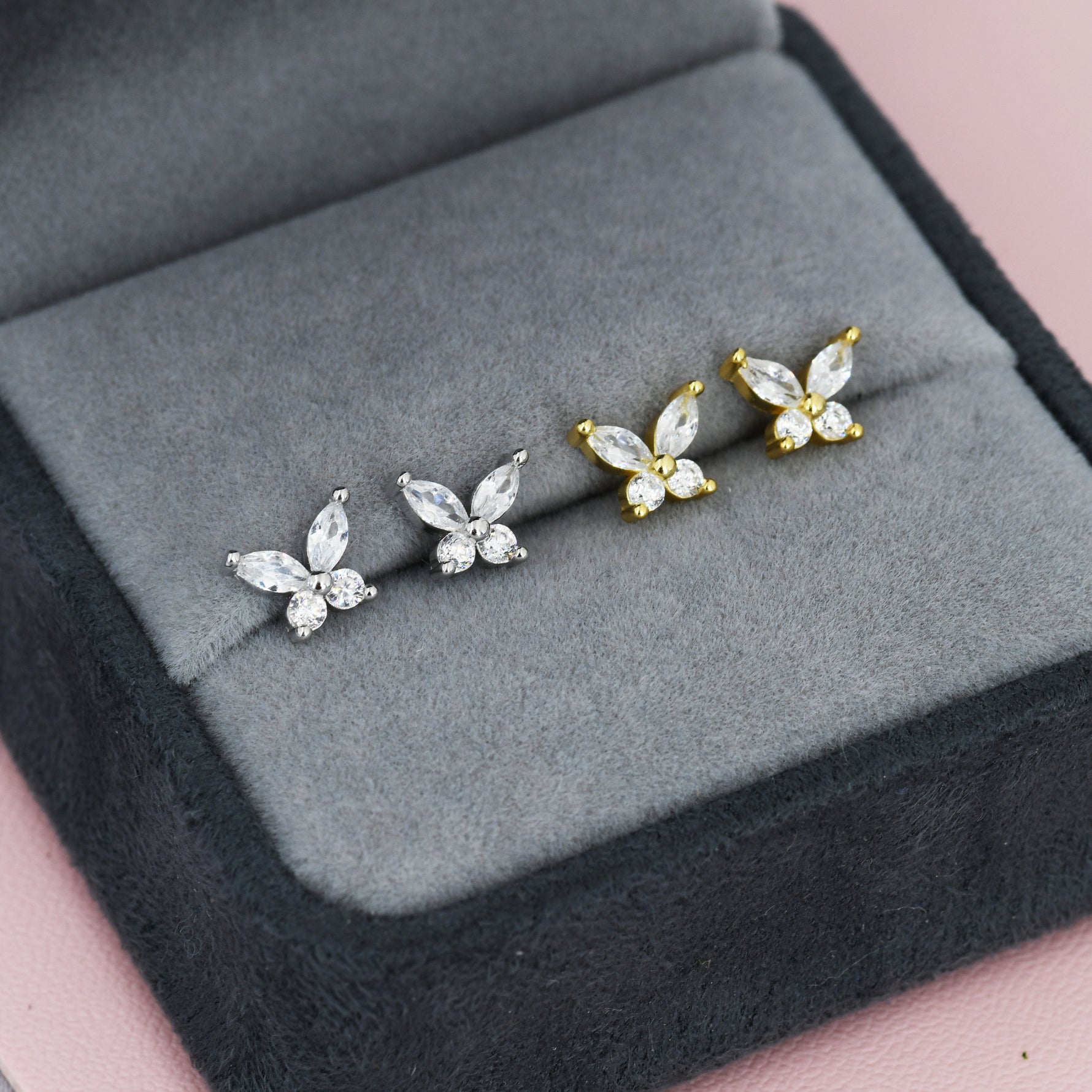 Sterling Silver CZ Butterfly Stud Earrings, Gold or Silver or Rose Gold, Marquise CZ Earrings, Stacking Earrings