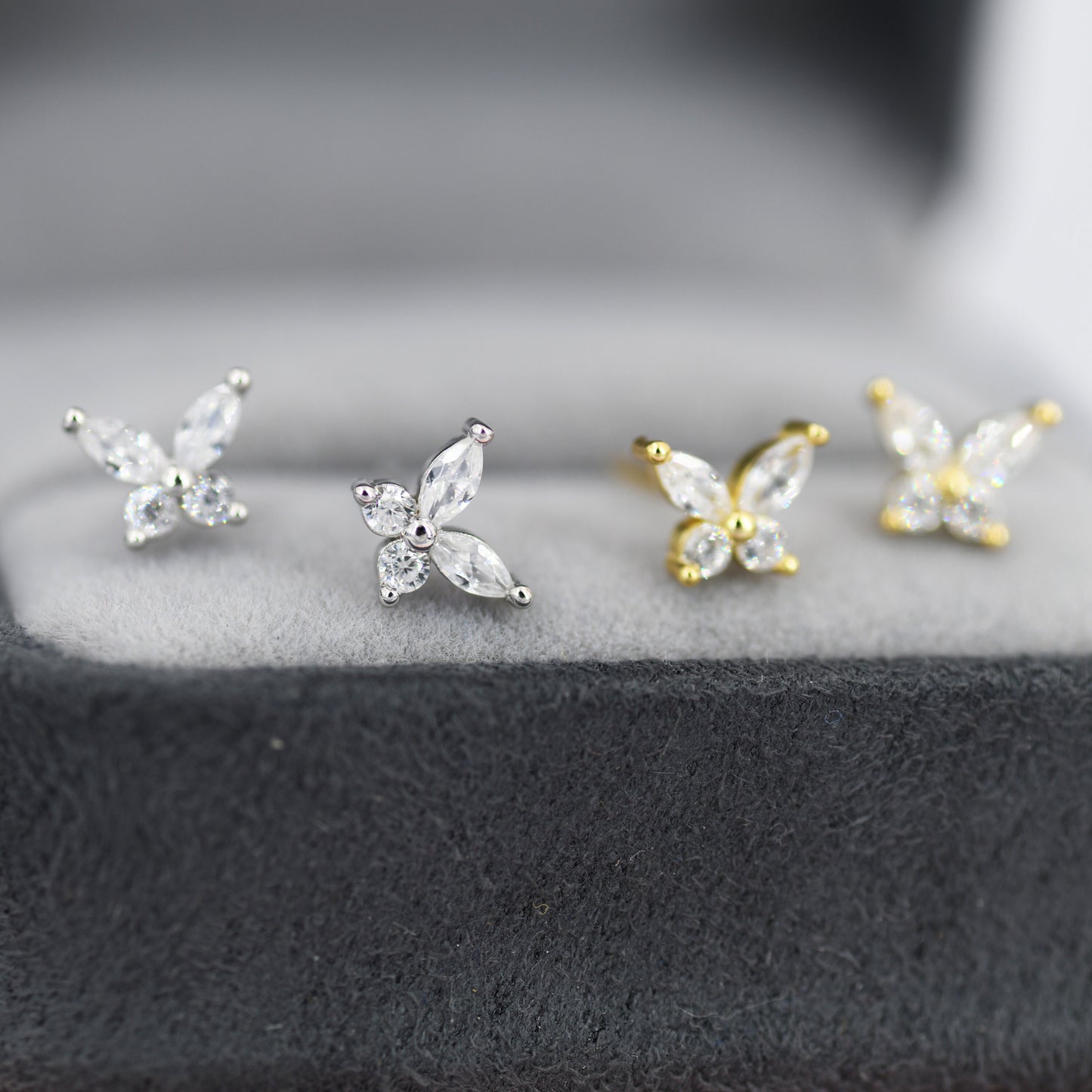 Sterling Silver CZ Butterfly Stud Earrings,  Gold or Silver or Rose Gold, Marquise CZ Earrings, Stacking Earrings