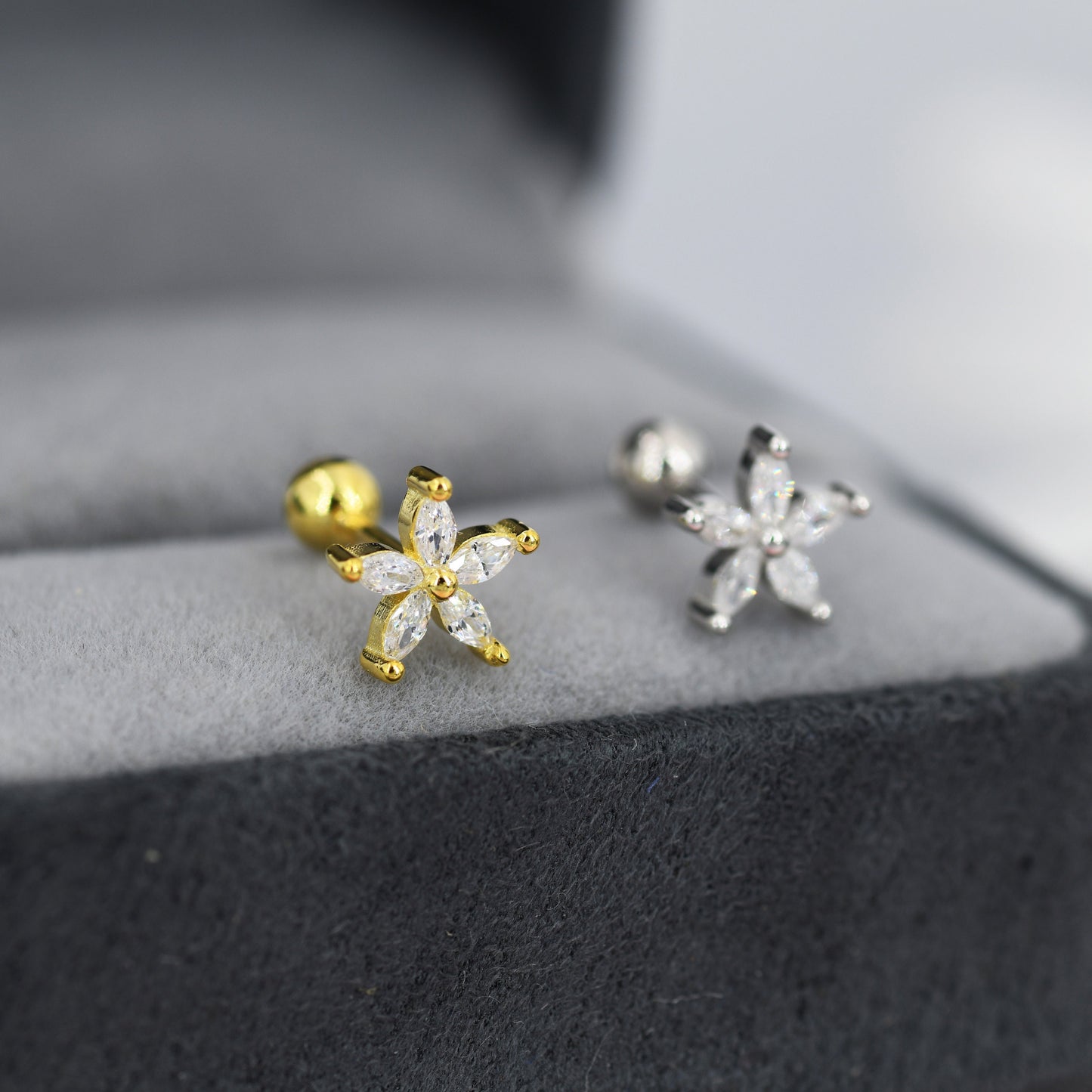 Sterling Silver CZ Flower Barbell Earrings,  Gold or Silver, Marquise CZ Screw Back Earrings, Stacking Earrings