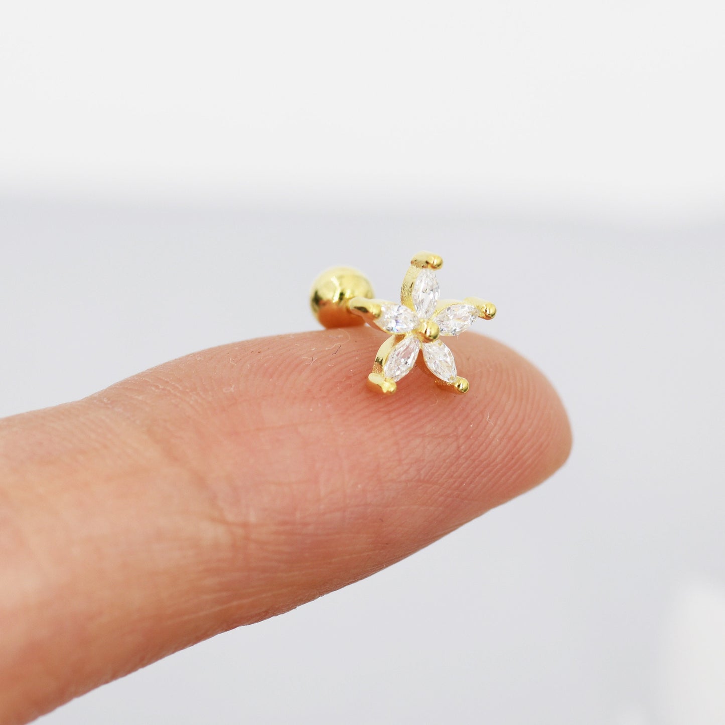 Sterling Silver CZ Flower Barbell Earrings,  Gold or Silver, Marquise CZ Screw Back Earrings, Stacking Earrings