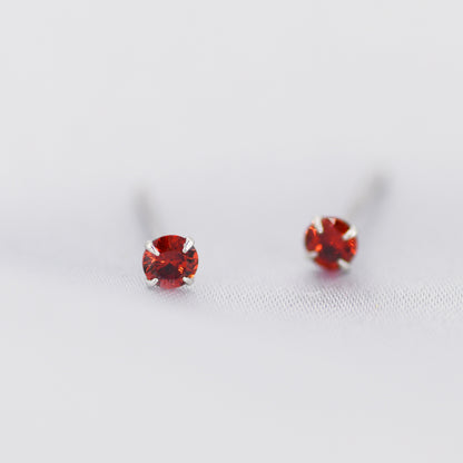 Sterling Silver January Birthstone Garnet CZ Stud Earrings, Extra Tiny Red Crystal Stud, 3mm Birthstone CZ Earrings