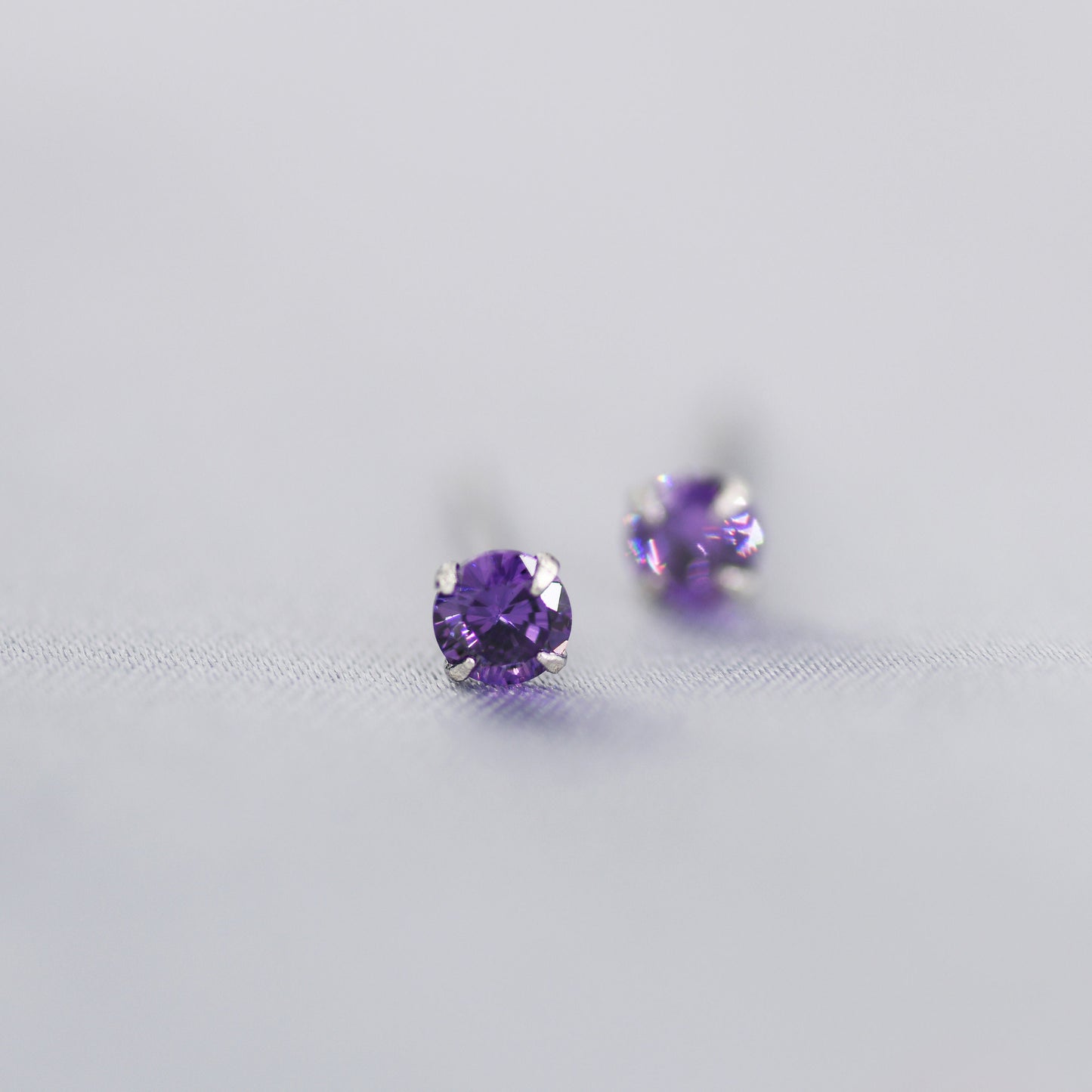 Sterling Silver February Birthstone Amethyst CZ Stud Earrings, Extra Tiny Purple Crystal Stud, 3mm Birthstone CZ Earrings