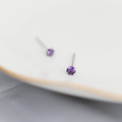 Sterling Silver February Birthstone Amethyst CZ Stud Earrings, Extra Tiny Purple Crystal Stud, 3mm Birthstone CZ Earrings