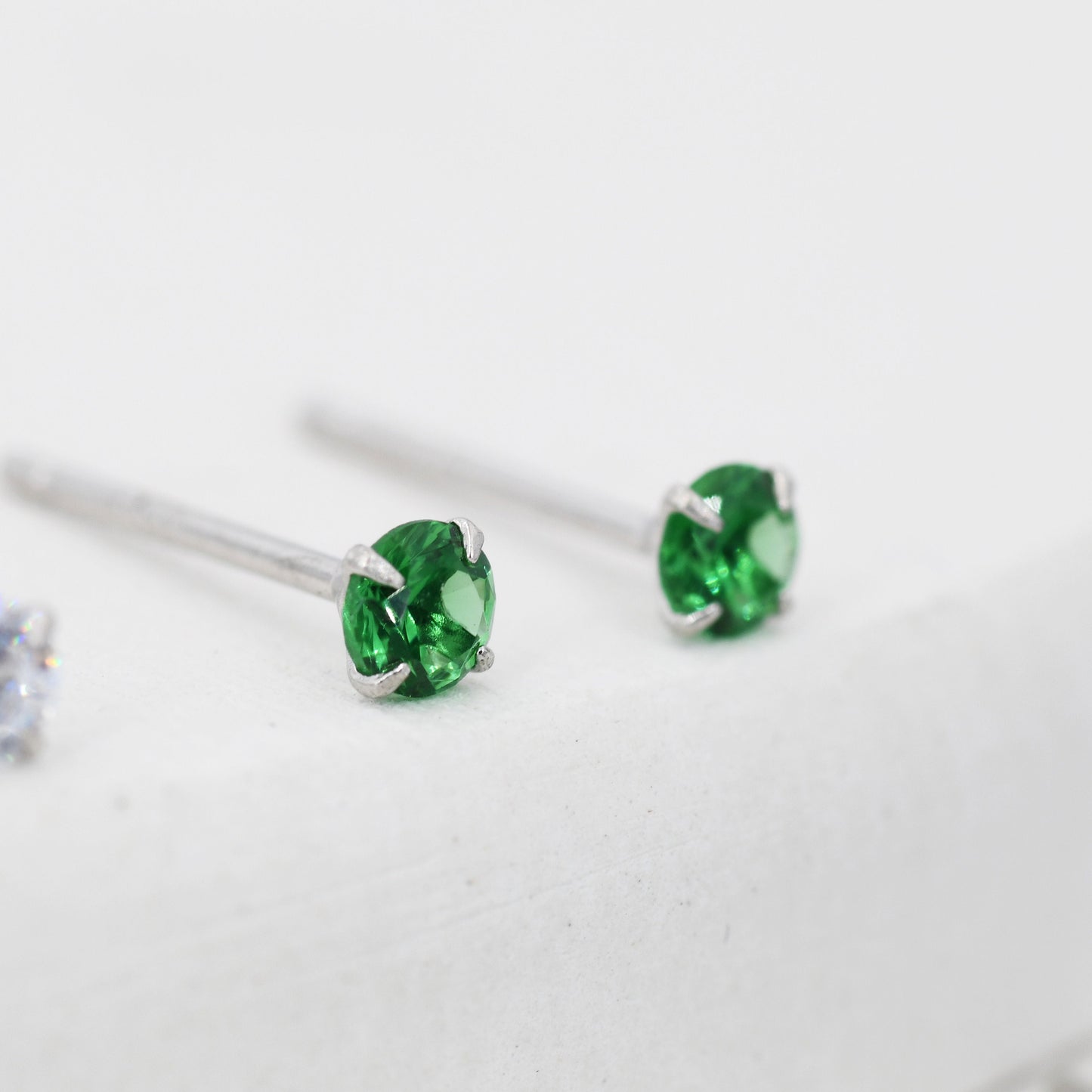 May Birthstone Earrings, Emerald Green Stud Earrings in Sterling Silver, Extra Tiny Crystal Stud, 3mm Birthstone CZ Earrings