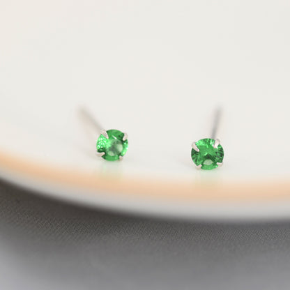 May Birthstone Earrings, Emerald Green Stud Earrings in Sterling Silver, Extra Tiny Crystal Stud, 3mm Birthstone CZ Earrings