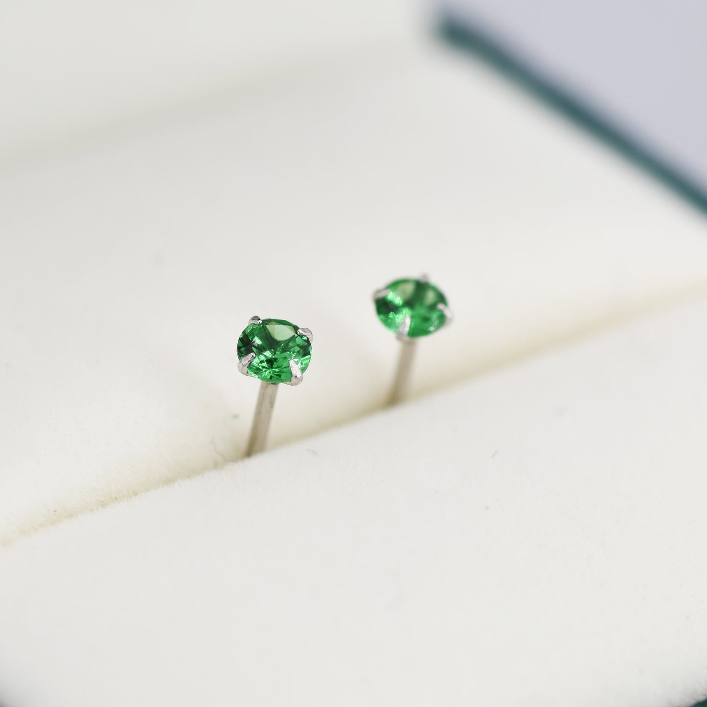 May Birthstone Earrings, Emerald Green Stud Earrings in Sterling Silver, Extra Tiny Crystal Stud, 3mm Birthstone CZ Earrings