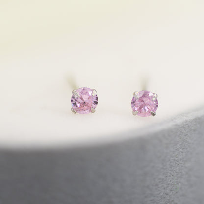 Sterling Silver October Birthstone Earrings, Tourmaline Pink Stud Earrings, Extra Tiny Crystal Stud, 3mm Birthstone CZ Earrings