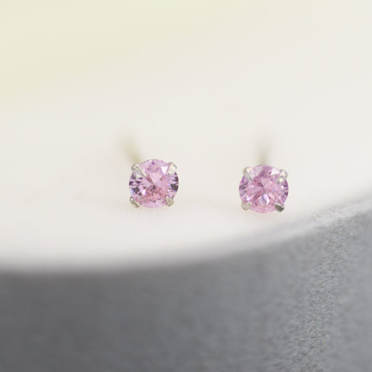 Sterling Silver October Birthstone Earrings, Tourmaline Pink Stud Earrings, Extra Tiny Crystal Stud, 3mm Birthstone CZ Earrings