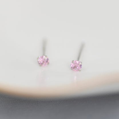 Sterling Silver October Birthstone Earrings, Tourmaline Pink Stud Earrings, Extra Tiny Crystal Stud, 3mm Birthstone CZ Earrings