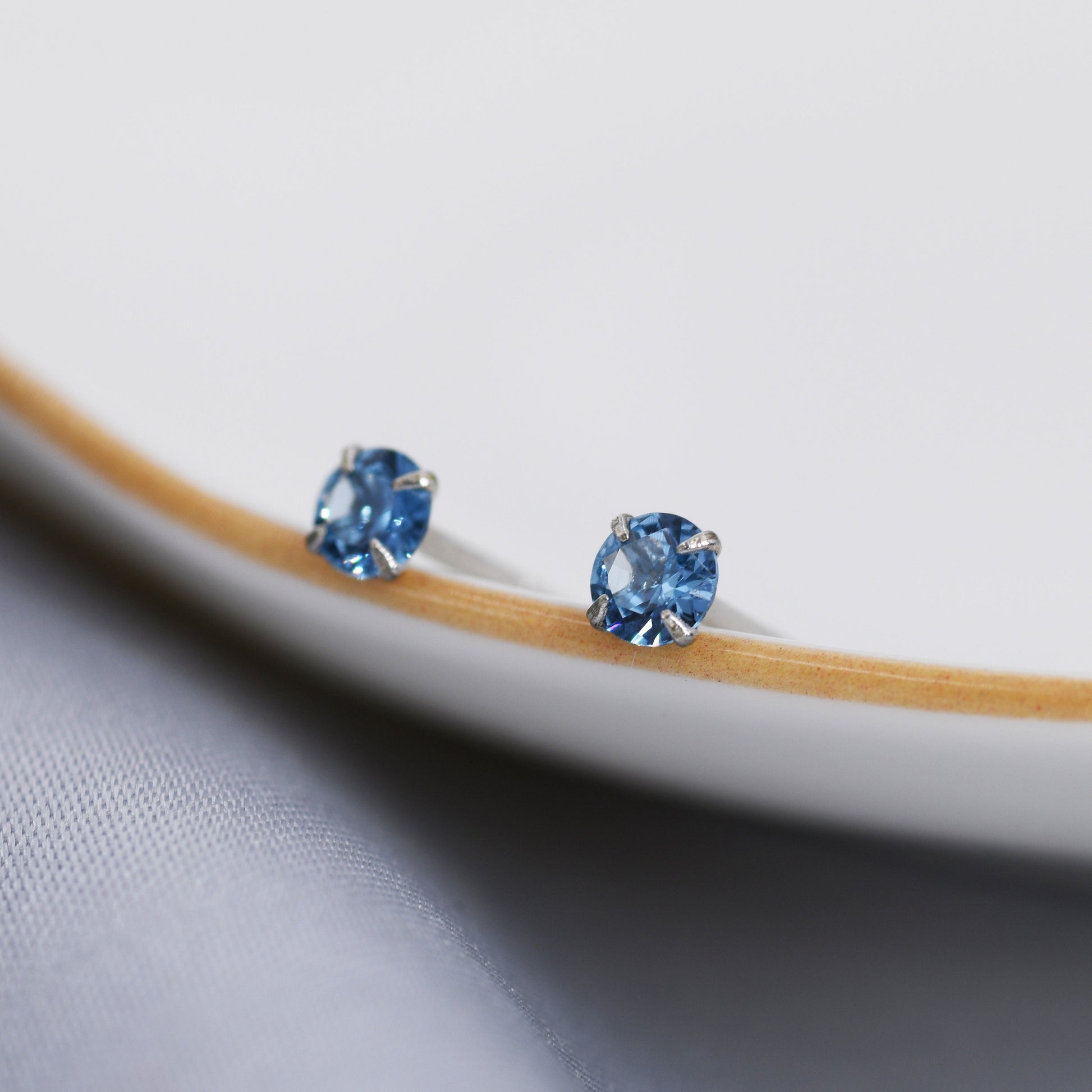 Sterling Silver December Birthstone Earrings, Tanzanite Blue Stud Earrings, Extra Tiny Crystal Stud, 3mm Birthstone CZ Earrings