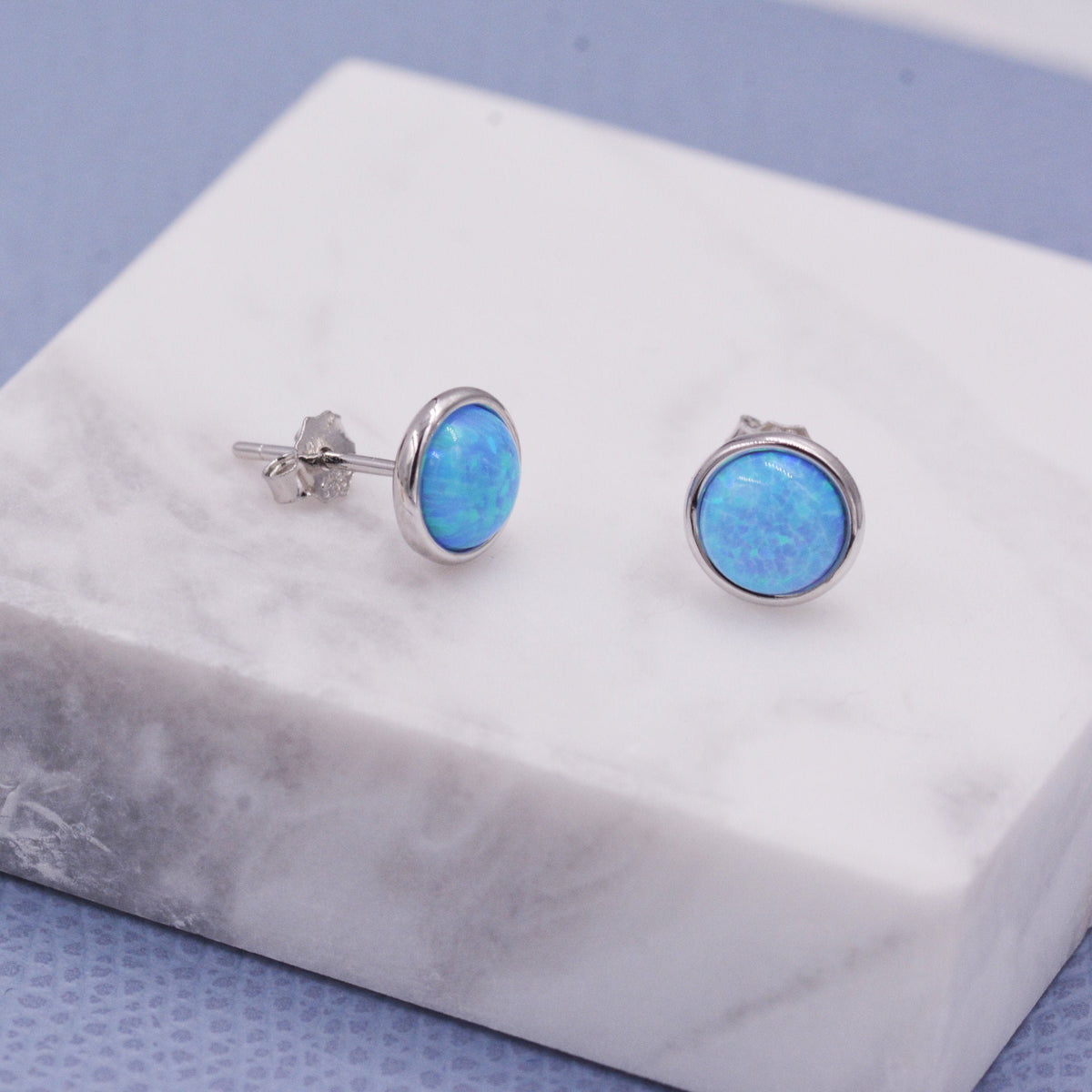 Sterling Silver Blue Opal Stone Crystal Stud Earrings. 4mm, 5mm and 6mm, Gold or Silver, Round Minimalist Opal Earings