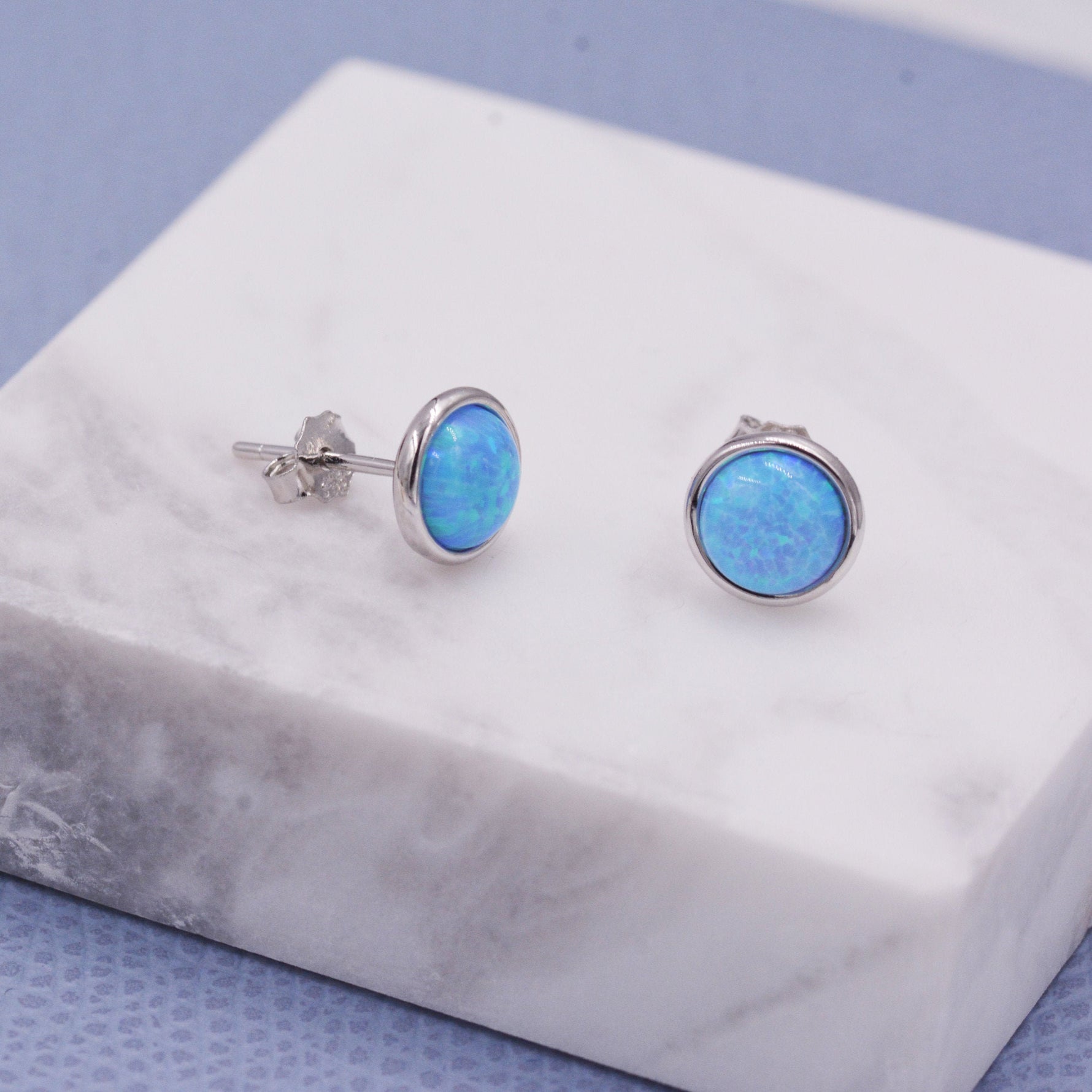 Sterling Silver Blue Opal Stone Crystal Stud Earrings. 4mm, 5mm and 6mm, Gold or Silver, Round Minimalist Opal Earings